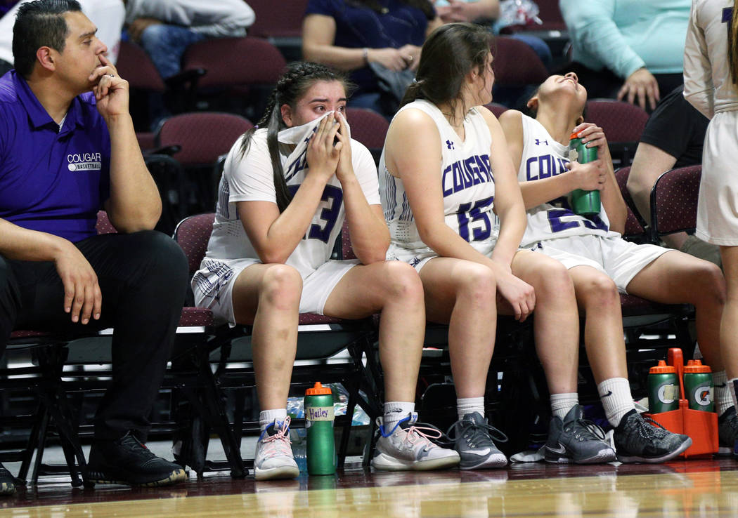 Spanish Springs' Mariah Barraza (33) cries on the sideline during the first half of a Class 4A state girls basketball semifinal game against Bishop Gorman High School at the Orleans Arena in Las V ...