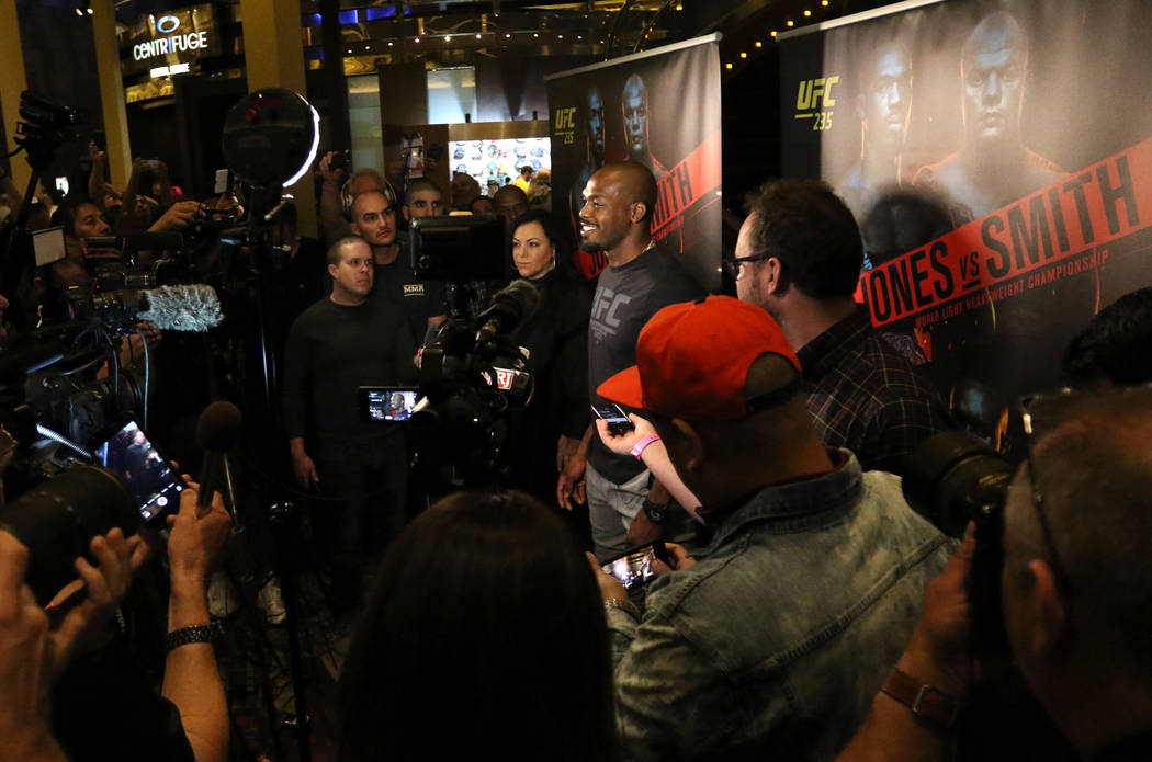 UFC light heavyweight champion Jon Jones smiles during a media scrum at UFC 235 open workouts at the MGM Grand hotel-casino in Las Vegas, Thursday, Feb. 28, 2019. (Heidi Fang /Las Vegas Review-Jou ...