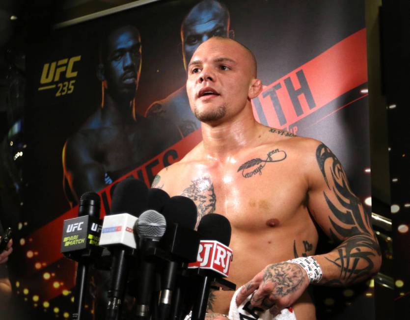 UFC light heavyweight title challenger Anthony Smith answers questions from the media during UFC 235 open workouts at the MGM Grand hotel-casino in Las Vegas, Thursday, Feb. 28, 2019. (Heidi Fang ...