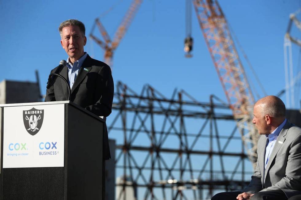 Pat Esser, president of Cox Communications, speaks during a press conference at the Raiders stadium construction site in Las Vegas, Thursday, Feb. 28, 2019. Cox Communications is becoming a foundi ...