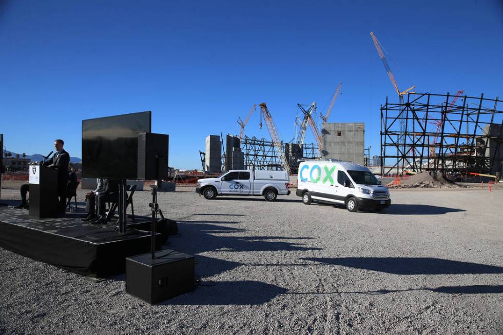 Pat Esser, president of Cox Communications, speaks during a press conference at the Raiders stadium construction site in Las Vegas, Thursday, Feb. 28, 2019. Cox Communications is becoming a foundi ...