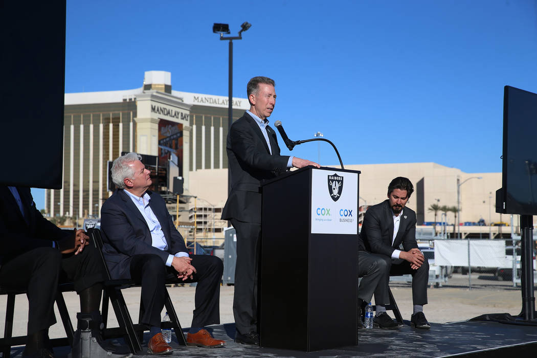 Pat Esser, president of Cox Communications, speaks during a press conference at the Raiders stadium construction site in Las Vegas, Thursday, Feb. 28, 2019. Cox Communications is becoming a foundi ...