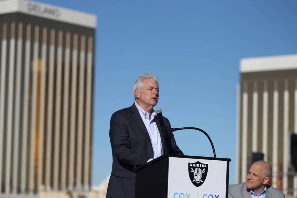 Mike Bolognini, market vice president for Cox Communications Las Vegas, speaks during a press conference at the Raiders stadium construction site in Las Vegas, Thursday, Feb. 28, 2019. Cox Communi ...