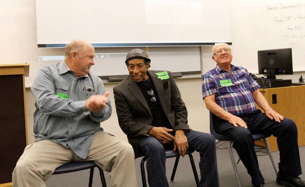 Local filmmaker Stan Armstrong, center, who graduated in 1972 from Rancho High School, takes questions along with former Rancho students, Terry Davis, left, and Lefty Mott, right, both class of 19 ...