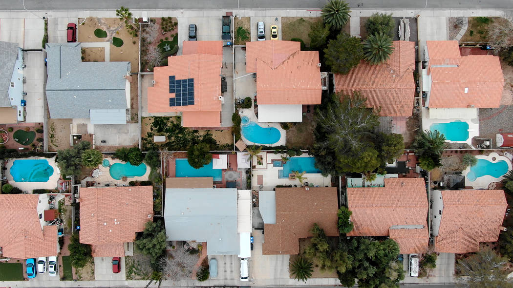 Aerial view of homes with swimming pools near Navarre Lane and Muchacha Drive in Henderson, Nevada on Saturday, February 16, 2019. (Michael Quine/Las Vegas Review-Journal) @Vegas88s