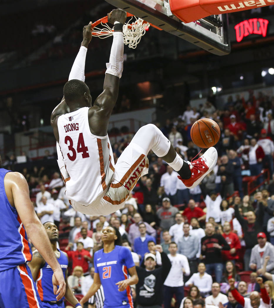 UNLV Rebels forward Cheikh Mbacke Diong (34) dunks against Boise State during overtime in a basketball game at the Thomas & Mack Center in Las Vegas on Saturday, March 2, 2019. (Chase Stevens/ ...