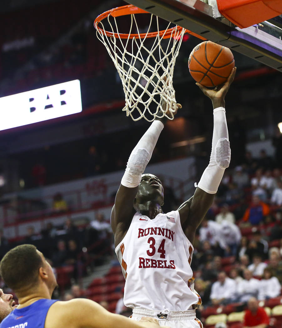 UNLV Rebels forward Cheikh Mbacke Diong (34) goes to the basket against Boise State during overtime in a basketball game at the Thomas & Mack Center in Las Vegas on Saturday, March 2, 2019. (C ...