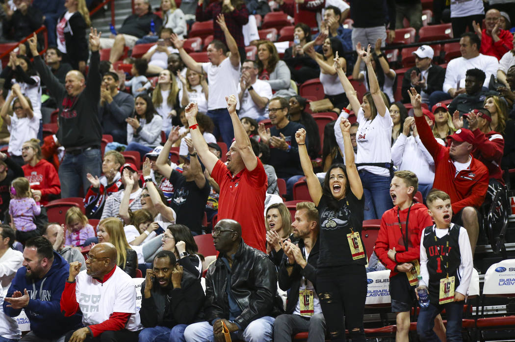 UNLV Rebels fans cheer during the second half of a basketball game against the Boise State Broncos at the Thomas & Mack Center in Las Vegas on Saturday, March 2, 2019. (Chase Stevens/Las Vegas ...