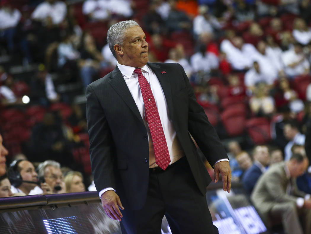 UNLV Rebels head coach Marvin Menzies looks on during the second half of a basketball game against Boise State at the Thomas & Mack Center in Las Vegas on Saturday, March 2, 2019. (Chase Steve ...
