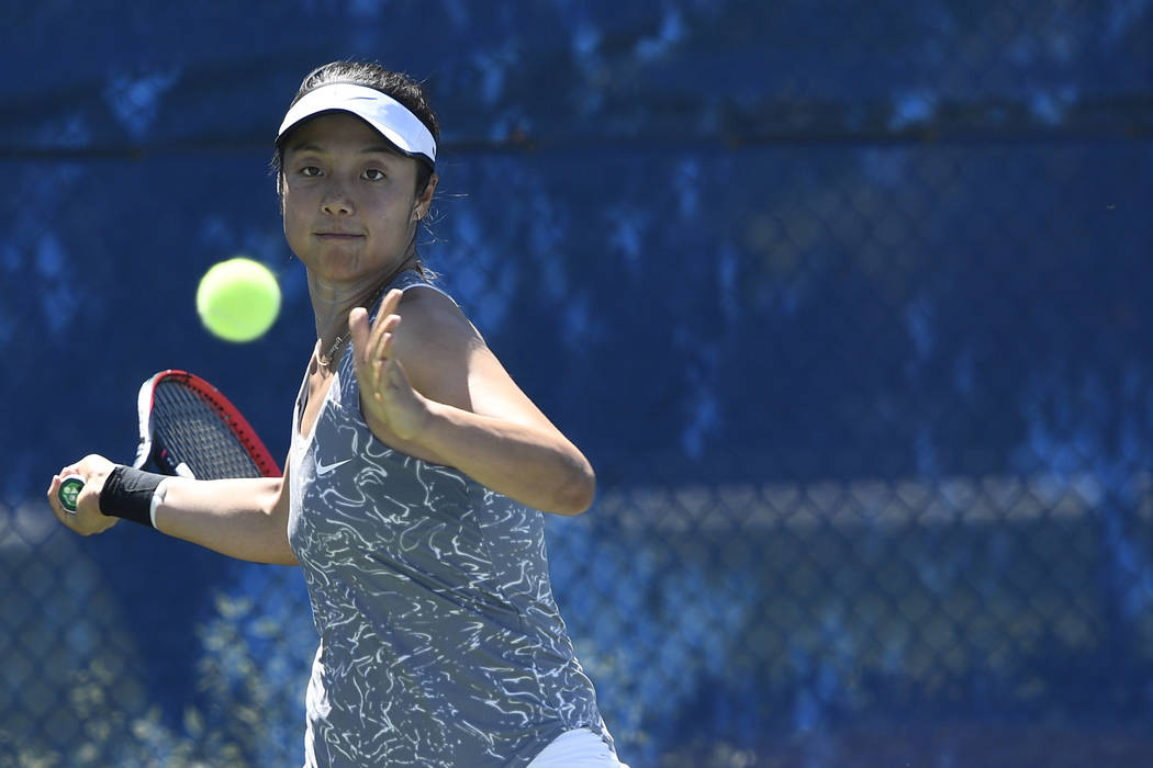 UNLV senior Aiwen Zhu, shown last season, won in singles and was part of a doubles victory Thursday in the Rebels' 4-2 loss to No. 35-ranked Columbia. (Tim Nwachukwu/NCAA)