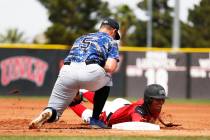 Dillon Johnson, shown sliding last season, had four hits and scored three runs Friday to help UNLV to a 7-6 win over UNR at Wilson Stadium. (Andrea Cornejo/Las Vegas Review-Journal @dreacornejo)