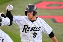 Max Smith, shown in 2016, went 3-for-3 with two home runs and five RBIs for UNLV in its 8-5 win over UNR on Saturday at Wilson Stadium. (Josh Holmberg/Las Vegas Review-Journal)