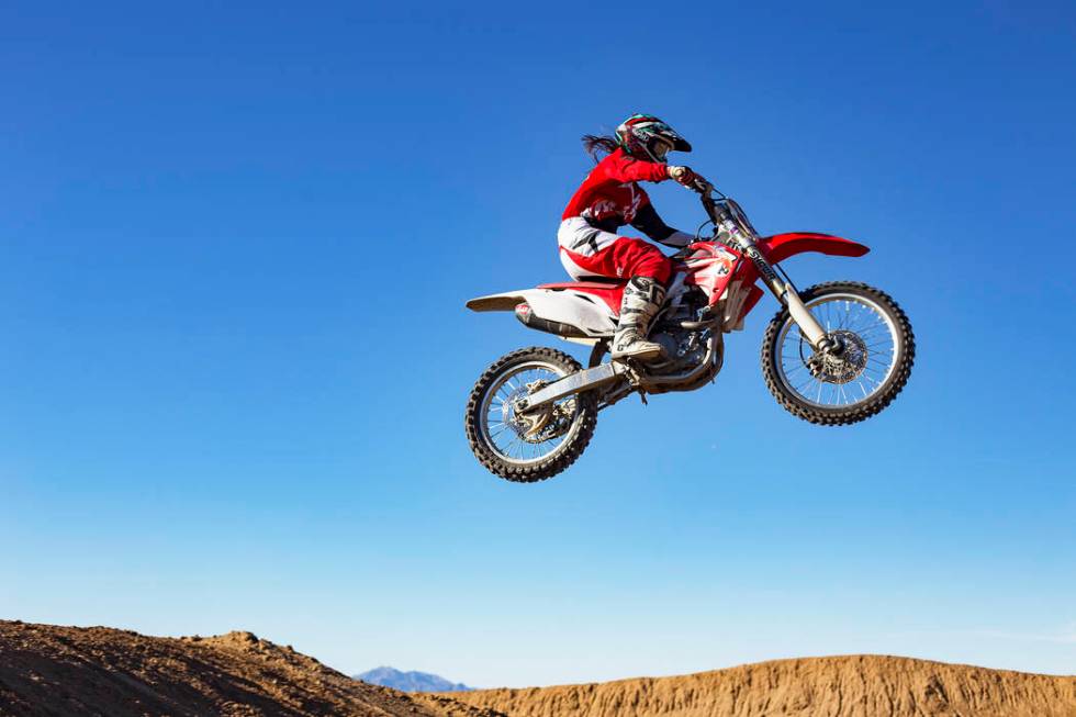 Angie Wright rides the Western Raceway track outside White Hills, Arizona, Sunday, Feb. 24, 2019. Wright will be racing in the Mint 400's motorcycle race, the first dirt bike race for the event si ...