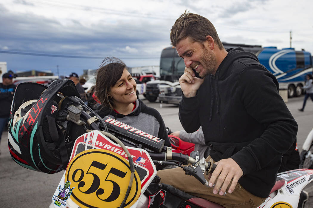 Angie Wright waits with her boyfriend Derek Stephens before the Mint 400 parade in Las Vegas, Wednesday, March 6, 2019. Wright will be competing in the amateur ironman class. (Rachel Aston/Las Veg ...