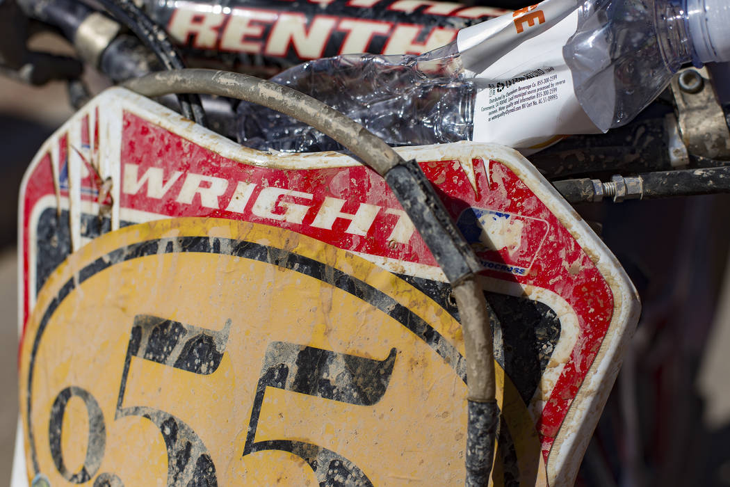 Angie Wright's dirty bike after she completed the Mint 400 motorcycle race in Primm, Nevada, Saturday, March 9, 2019. She completed in the amateur ironman class, riding 164 miles alone without a t ...