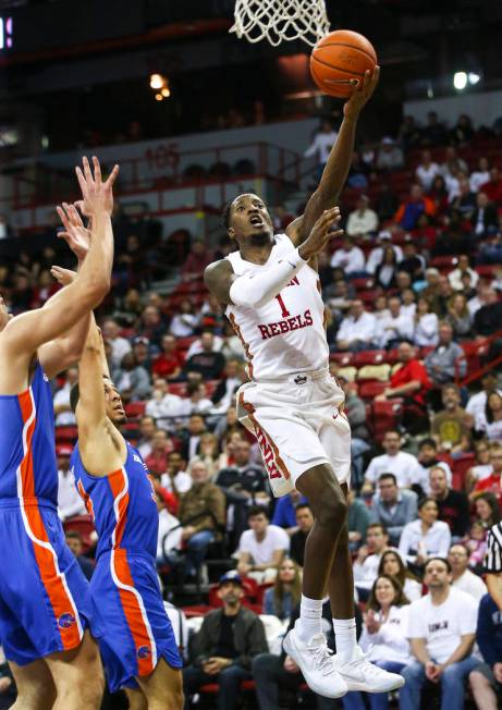 UNLV Rebels guard Kris Clyburn (1) goes to the basket against the Boise State Broncos during the second half of a basketball game at the Thomas & Mack Center in Las Vegas on Saturday, March 2, 201 ...