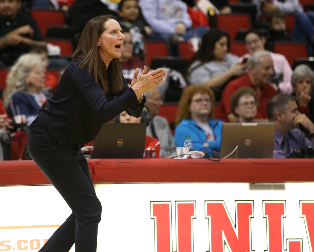 UNLV Lady Rebels head coach Kathy Olivier instructs her team against San Jose State Spartans in the third quarter at the Cox Pavilion in Las Vegas Wednesday, Jan. 3, 2018. K.M. Cannon Las Vegas Re ...