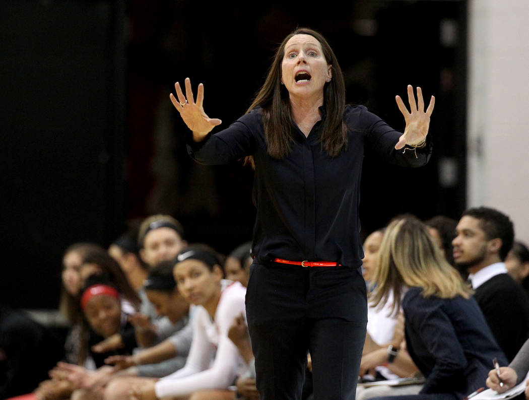 UNLV Lady Rebels head coach Kathy Olivier instructs her team against the San Jose State Spartans in the first period at the Cox Pavilion in Las Vegas Wednesday, Jan. 3, 2018. K.M. Cannon Las Vegas ...