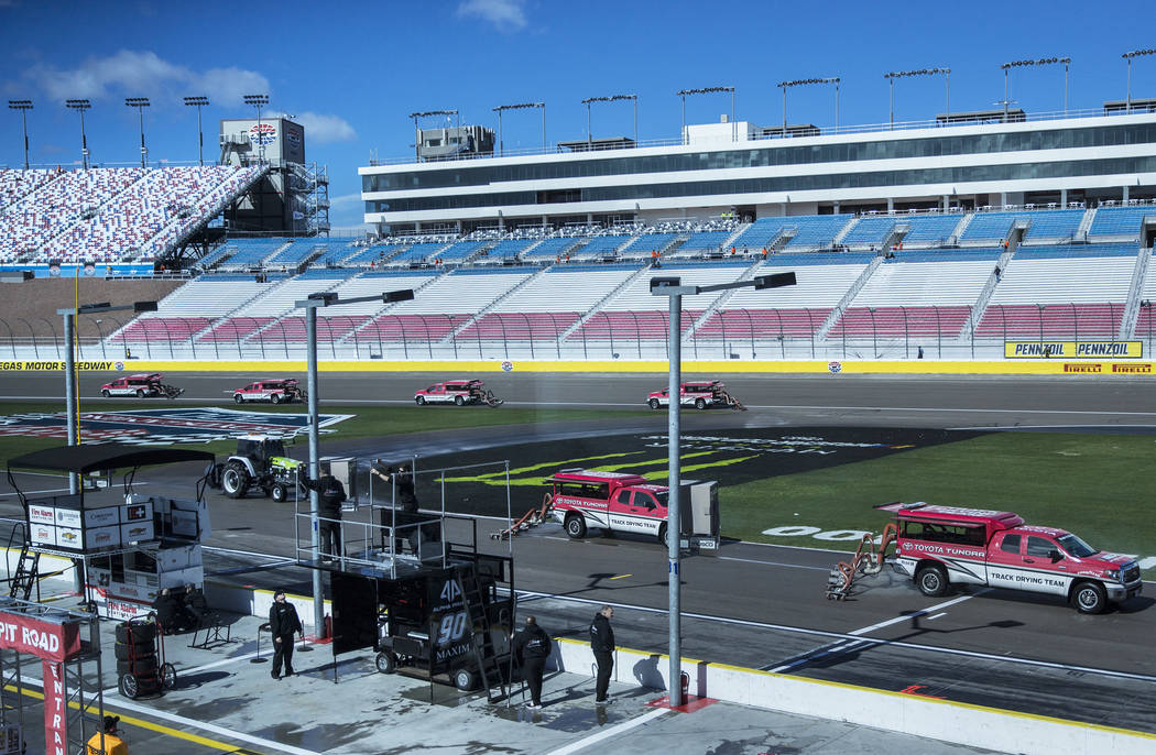 The track at Las Vegas Motor Speedway is dried after early morning showers delayed practice on Saturday, March 2, 2019, in Las Vegas. (Benjamin Hager Review-Journal) @BenjaminHphoto