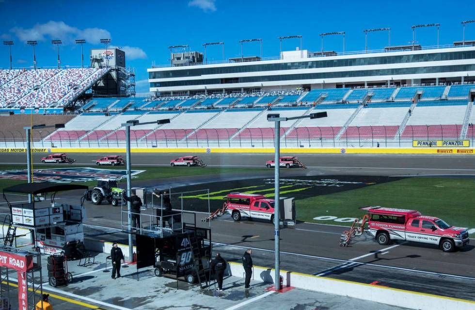 The track at Las Vegas Motor Speedway is dried after early morning showers delayed practice on Saturday, March 2, 2019, in Las Vegas. (Benjamin Hager Review-Journal) @BenjaminHphoto