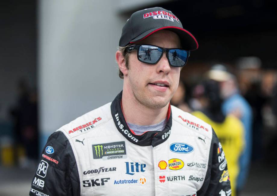 Brad Keselowski (2) walks in pit row after completing his practice run on Saturday, March 2, 2019, at Las Vegas Motor Speedway, in Las Vegas. (Benjamin Hager Review-Journal) @BenjaminHphoto