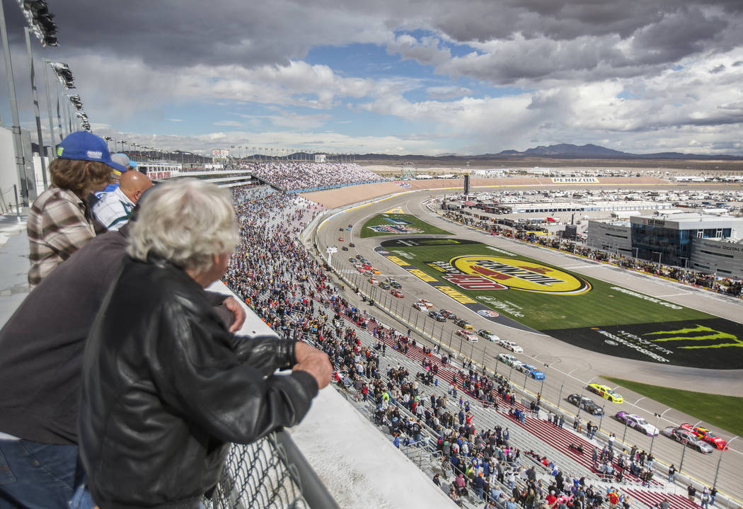 Drivers race around turn one during the NASCAR Xfinity Series Boyd Gaming 300 on Saturday, March 2, 2019, at Las Vegas Motor Speedway, in Las Vegas. (Benjamin Hager Review-Journal) @BenjaminHphoto