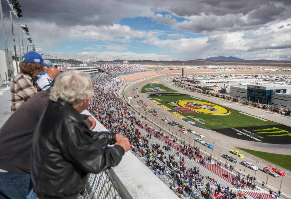 Drivers race around turn one during the NASCAR Xfinity Series Boyd Gaming 300 on Saturday, March 2, 2019, at Las Vegas Motor Speedway, in Las Vegas. (Benjamin Hager Review-Journal) @BenjaminHphoto