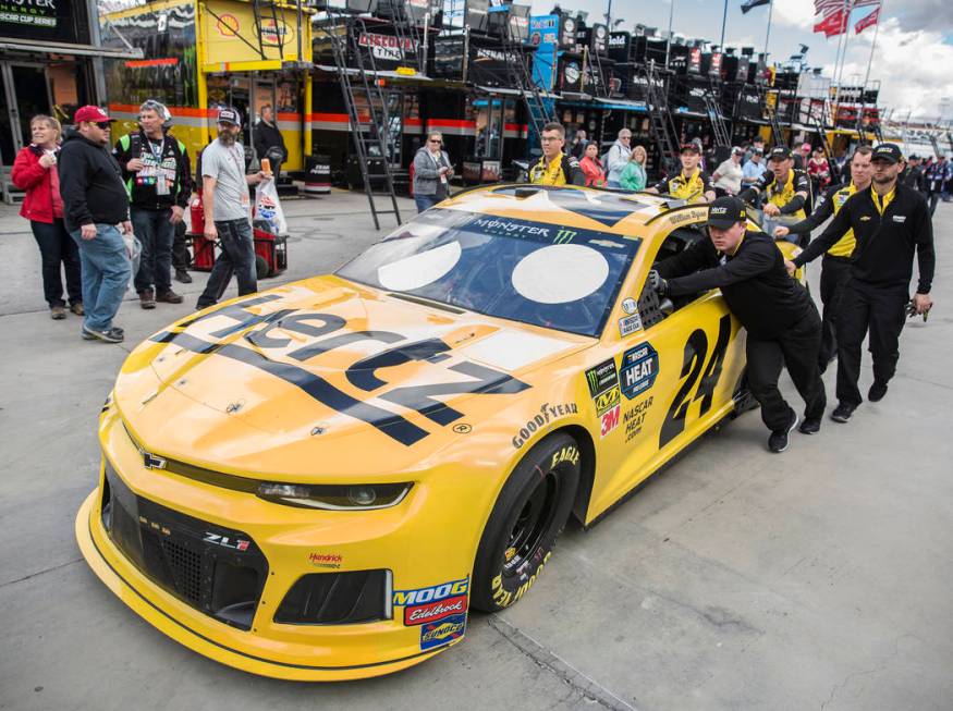 William Byron's 24 car is pushed out of pit row during practice on Saturday, March 2, 2019, at Las Vegas Motor Speedway, in Las Vegas. (Benjamin Hager Review-Journal) @BenjaminHphoto