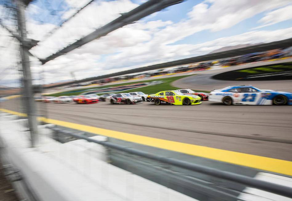 Drivers race around turn one during the NASCAR Xfinity Series Boyd Gaming 300 on Saturday, March 2, 2019, at Las Vegas Motor Speedway, in Las Vegas. (Benjamin Hager Review-Journal) @BenjaminHphoto