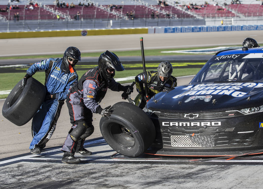 Driver Ryan Sieg's pit crew works on his 39 car during the NASCAR Xfinity Series Boyd Gaming 300 on Saturday, March 2, 2019, at Las Vegas Motor Speedway, in Las Vegas. (Benjamin Hager Review-Journ ...