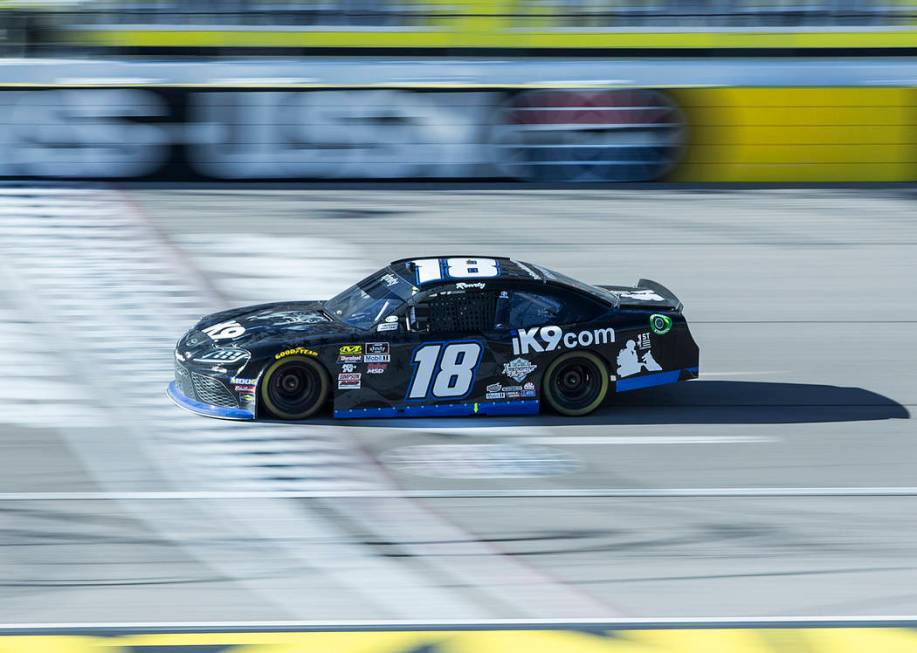 Kyle Busch (18) competes in the Boyd Gaming 300 on Saturday, March 2, 2019, at Las Vegas Motor Speedway, in Las Vegas. Busch won the 23rd annual running of the NASCAR Xfinity Series race. (Benjami ...