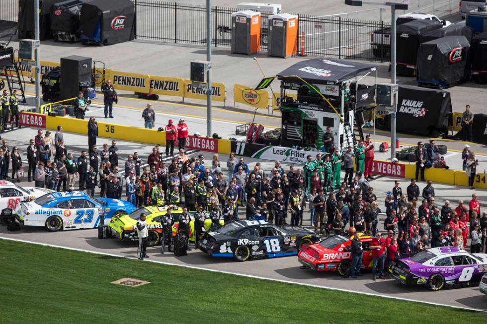 Drivers line up before the start of the NASCAR Xfinity Series Boyd Gaming 300 on Saturday, March 2, 2019, at Las Vegas Motor Speedway, in Las Vegas. (Benjamin Hager Review-Journal) @BenjaminHphoto