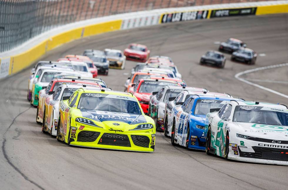 Drivers race around turn one during the NASCAR Xfinity Series Boyd Gaming 300 on Saturday, March 2, 2019, at Las Vegas Motor Speedway, in Las Vegas. (Benjamin Hager Review-Journal) @BenjaminHphoto