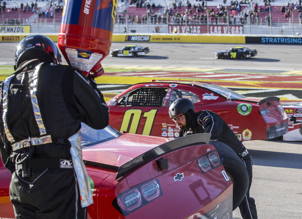 Garrett Smithley's pit crew works on his 0 car during the NASCAR Xfinity Series Boyd Gaming 300 on Saturday, March 2, 2019, at Las Vegas Motor Speedway, in Las Vegas. (Benjamin Hager Review-Journa ...