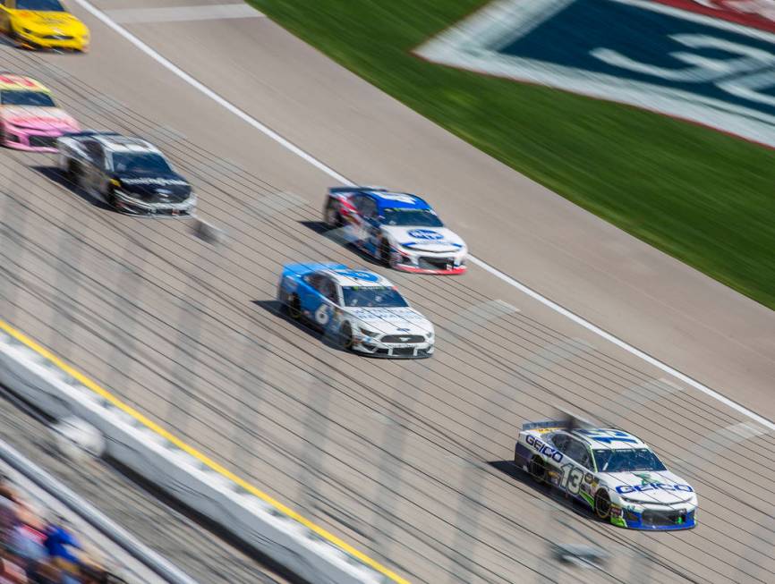 Ty Dillon (13) leads a pack of racers during the Monster Energy NASCAR Cup Series Pennzoil 400 on Sunday, March 3, 2019, at Las Vegas Motor Speedway, in Las Vegas. (Benjamin Hager Review-Journal) ...