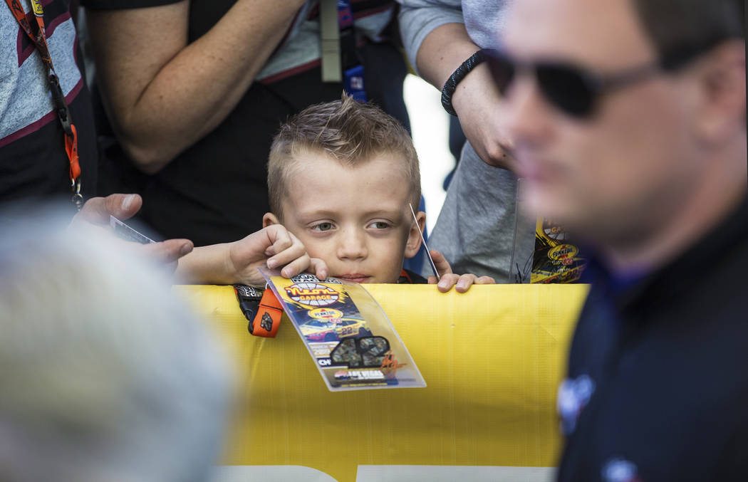 Max Suchoski waits to get autographs before the start of the Monster Energy NASCAR Cup Series Pennzoil 400 on Sunday, March 3, 2019, at Las Vegas Motor Speedway, in Las Vegas. (Benjamin Hager Rev ...