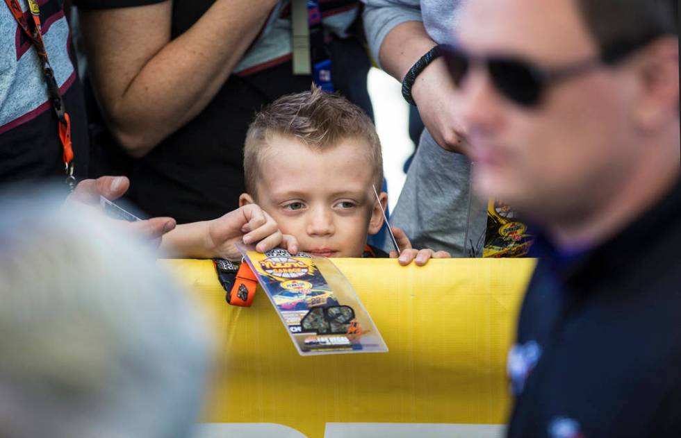 Max Suchoski waits to get autographs before the start of the Monster Energy NASCAR Cup Series Pennzoil 400 on Sunday, March 3, 2019, at Las Vegas Motor Speedway, in Las Vegas. (Benjamin Hager Rev ...