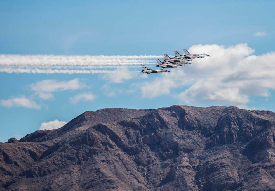 The United States Air Force Thunderbirds prepare to do a flyover at Las Vegas Motor Speedway before the start of the Monster Energy NASCAR Cup Series Pennzoil 400 on Sunday, March 3, 2019, in Las ...