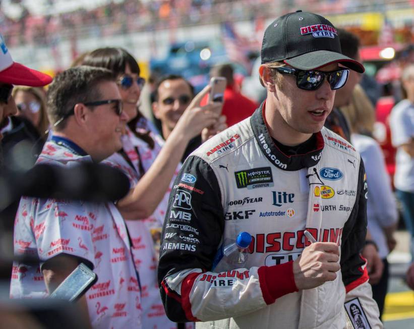 Brad Keselowski (2) walks to the podium to be announced before the start of the Monster Energy NASCAR Cup Series Pennzoil 400 on Sunday, March 3, 2019, at Las Vegas Motor Speedway, in Las Vegas. ( ...