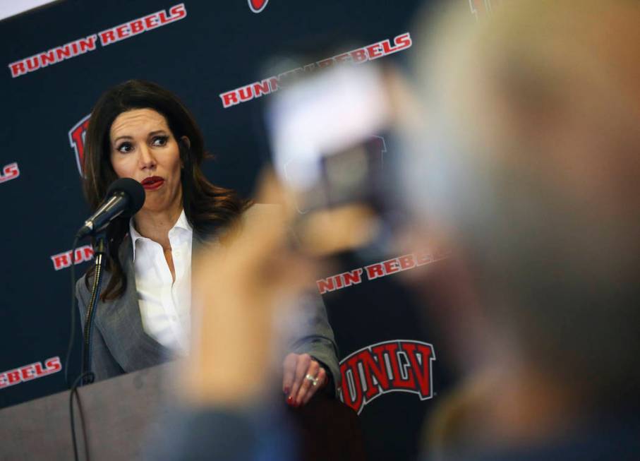 UNLV athletic director Desiree Reed-Francois talks about the search for a new basketball head coach in Las Vegas on Friday, March 15, 2019. Marvin Menzies, who led the program for three years, was ...