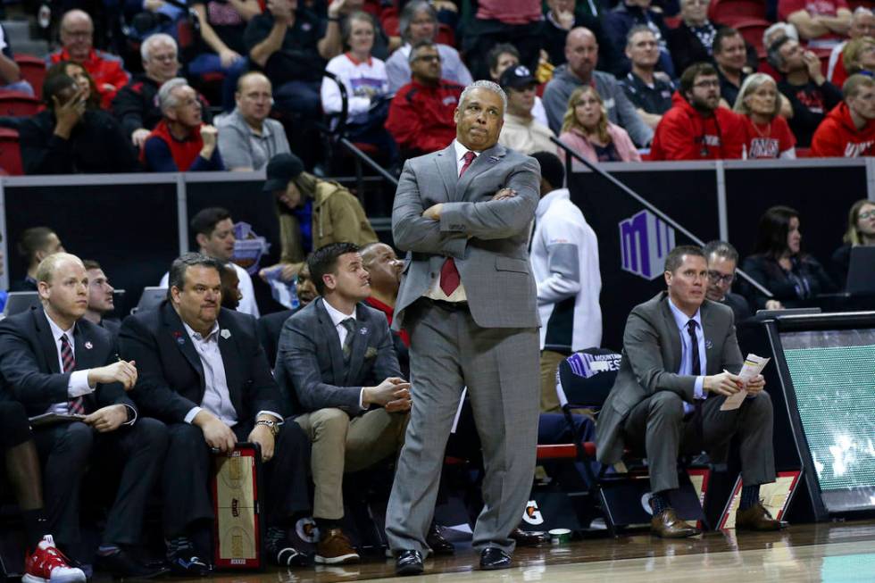 UNLV Rebels head coach Marvin Menzies reacts during the second half of a quarterfinal game against San Diego State in the Mountain West men's basketball tournament at the Thomas & Mack Center ...