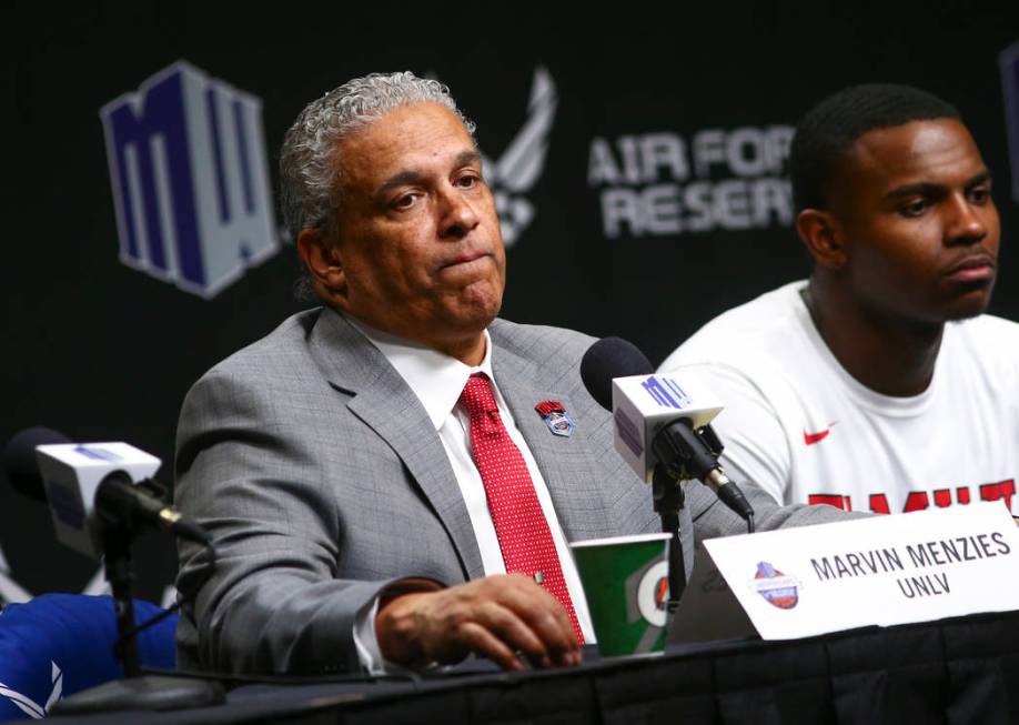 UNLV Rebels head coach Marvin Menzies speaks after his team's loss to San Diego State in the Mountain West men's basketball tournament at the Thomas & Mack Center in Las Vegas on Thursday, Mar ...