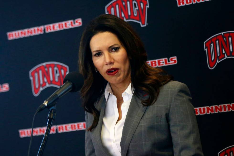 UNLV athletic director Desiree Reed-Francois talks about the search for a new basketball head coach in Las Vegas on Friday, March 15, 2019. Marvin Menzies, who led the program for three years, was ...