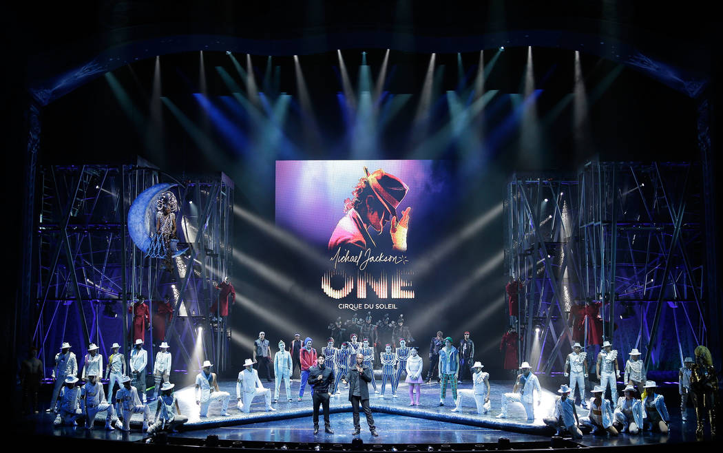 Director of Creation Welby Altidor, center left, and writer and director Jamie King introduce a sneak peek of Michael Jackson ONE by Cirque du Soleil at Mandalay Bay Resort & Casino on May 7, 2013 ...