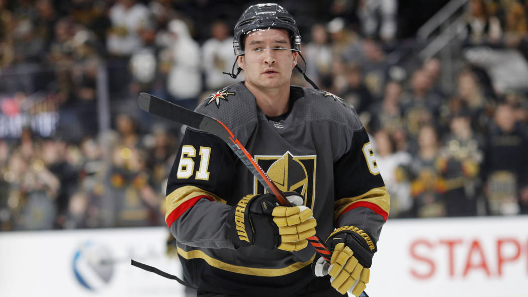 Vegas Golden Knights right wing Mark Stone (61) warms up before an NHL hockey game against the Florida Panthers, Thursday, Feb. 28, 2019, in Las Vegas. (AP Photo/John Locher)