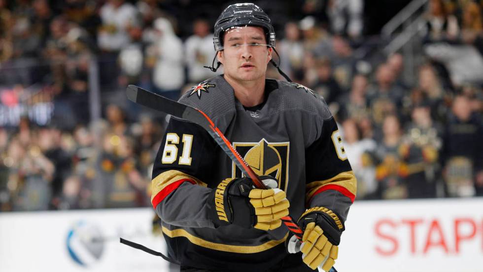 Vegas Golden Knights right wing Mark Stone (61) warms up before an NHL hockey game against the Florida Panthers, Thursday, Feb. 28, 2019, in Las Vegas. (AP Photo/John Locher)