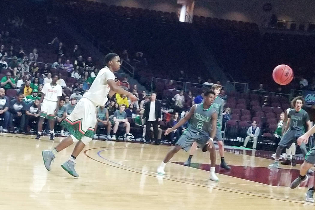 Mojave's Dante Ingram fires a pass against Churchill County in the Class 3A state semifinals at Orleans Arena on Friday, March 1, 2019. Churchill County won 60-59 in overtime. (Damon Seiters/Las V ...