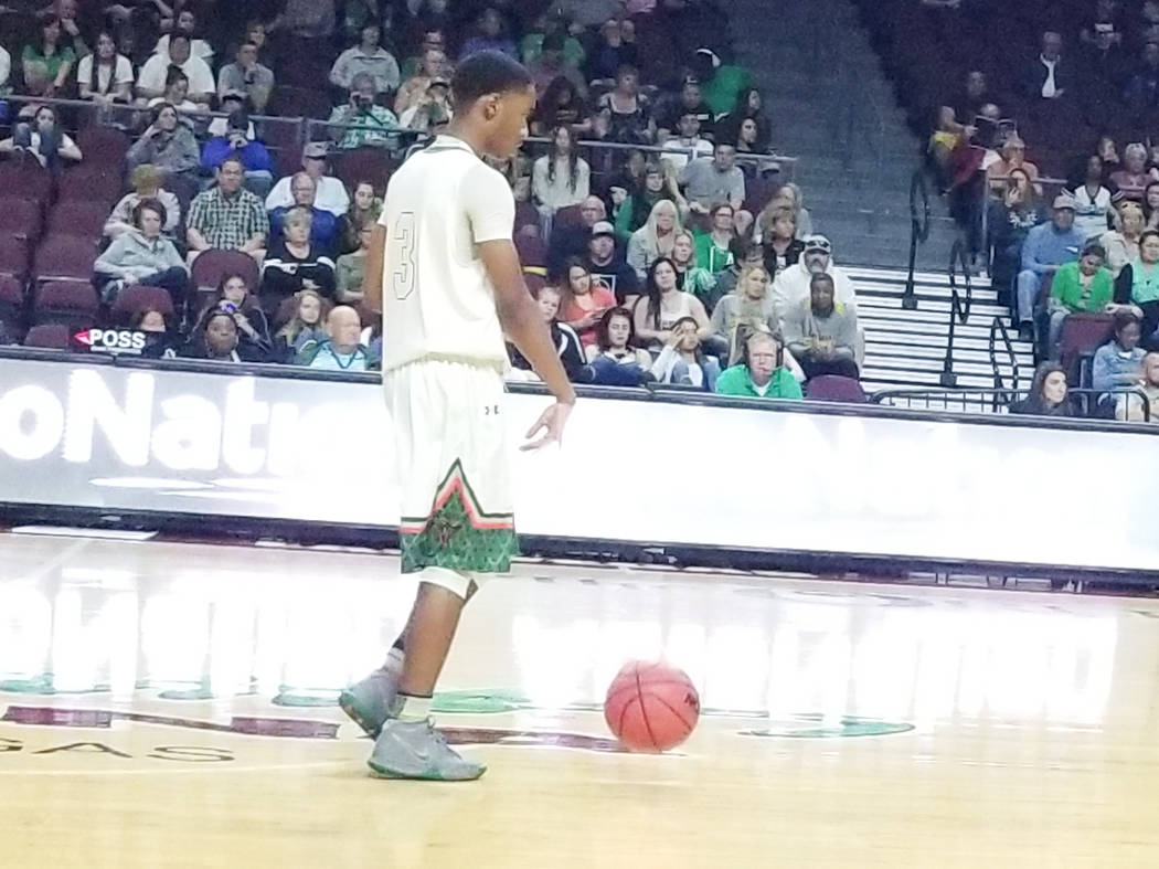 Mojave's Dante Ingram brings the ball down the floor in the Class 3A state semifinals at Orleans Arena on Friday, March 1, 2019. Churchill County won 60-59 in overtime. (Damon Seiters/Las Vegas Re ...