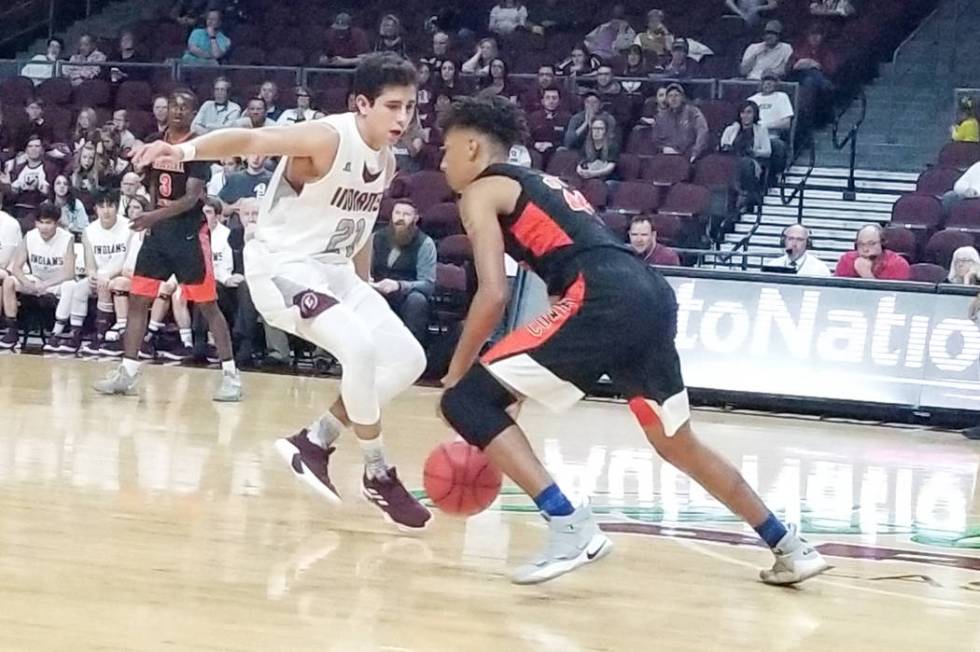 Chaparral's Sameal Anderson makes a move on Elko's Alex Klekas in the Class 3A state semifinals at Orleans Arena on Friday, March 1, 2019. Elko won 53-47. (Damon Seiters/Las Vegas Review-Journal)