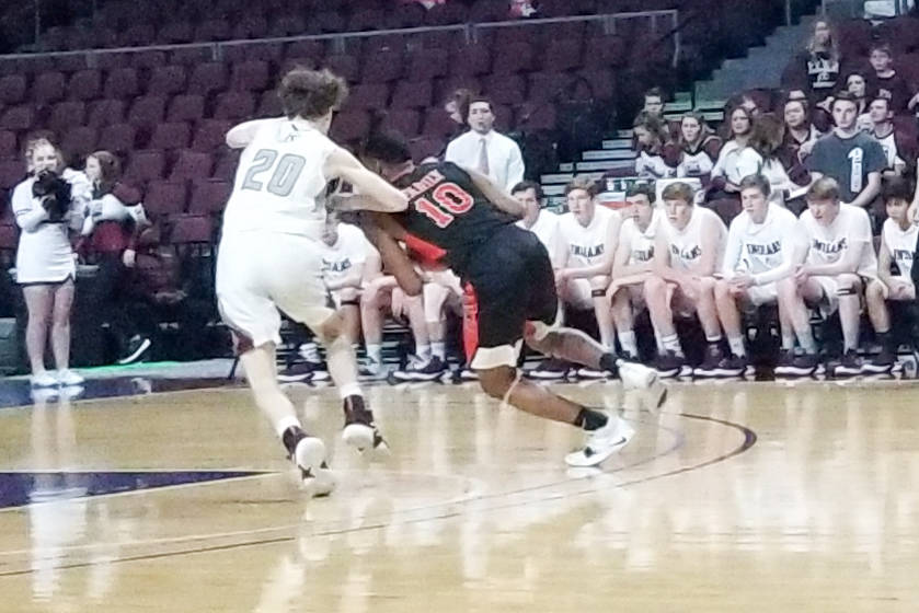 Chaparral's Cairyn Bray drives past Elko's Joseph Simpkins in the Class 3A state semifinals at Orleans Arena on Friday, March 1, 2019. Elko won 53-47. (Damon Seiters/Las Vegas Review-Journal)